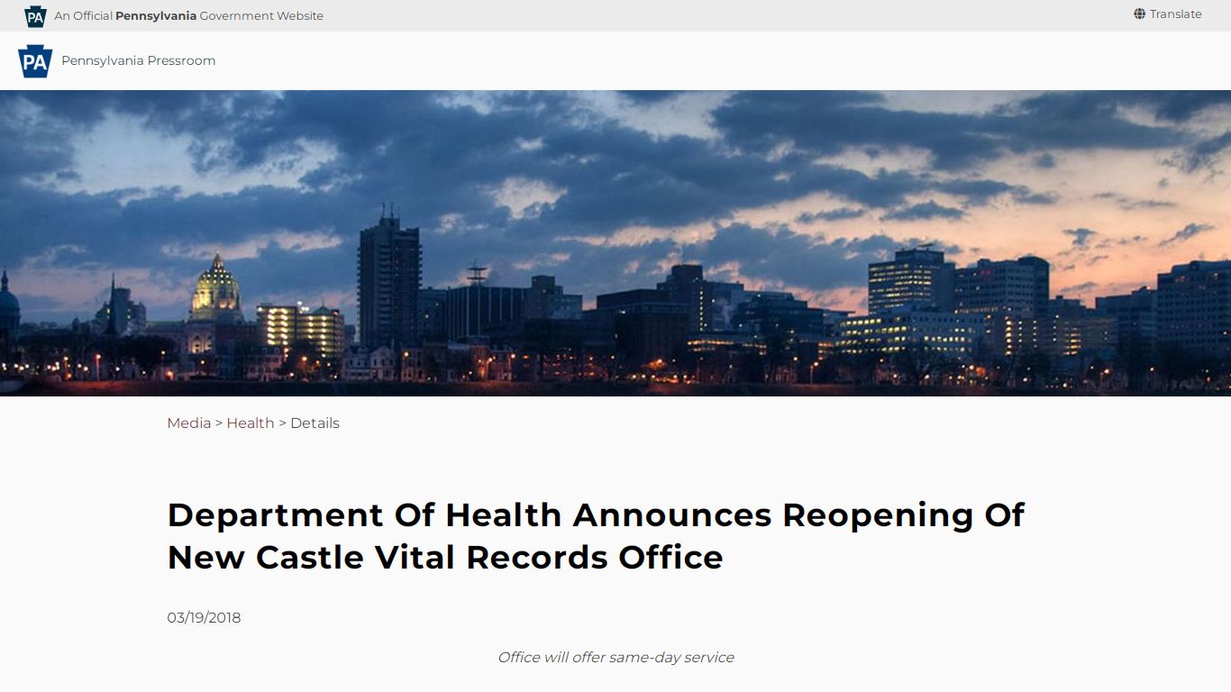 Department of Health Announces Reopening of New Castle Vital Records Office